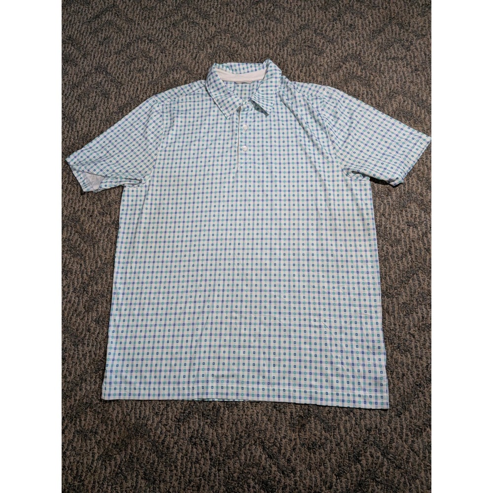Cutter & Buck DryTec Mens Large Polo Shirt Blue Teal Geometric Square Golf Top